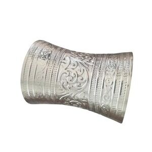 Silver Tone Etched Floral Scroll Wide‎ Statement Cuff Bracelet Boho Tribal Style